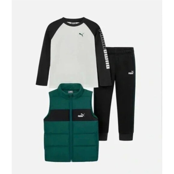 PUMA Boys Size 4T 3 Piece Puffer Vest Jacket T-Shirt Jogger Pant Green & Black - Picture 5 of 6